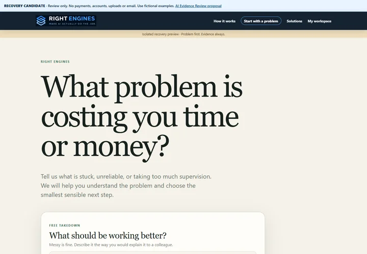 Right Engines recovery candidate with original logo and problem-first homepage