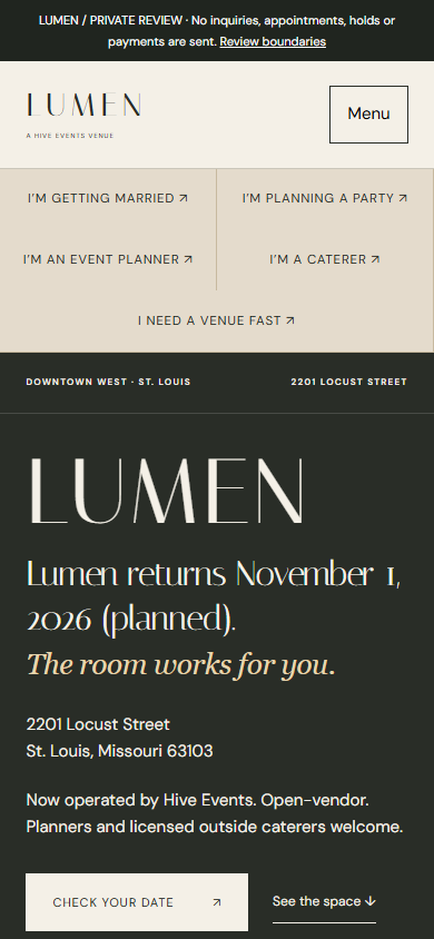 Lumen / Hive Events isolated staging homepage, mobile