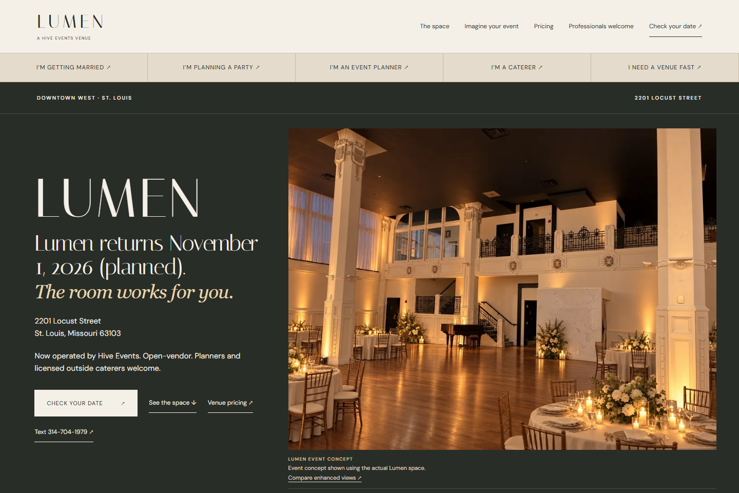 Lumen / Hive Events earlier live homepage, desktop