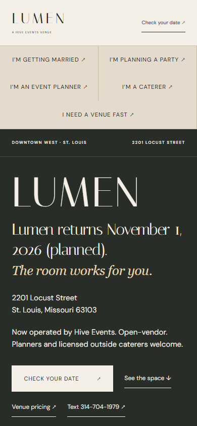 Lumen / Hive Events earlier live homepage, mobile
